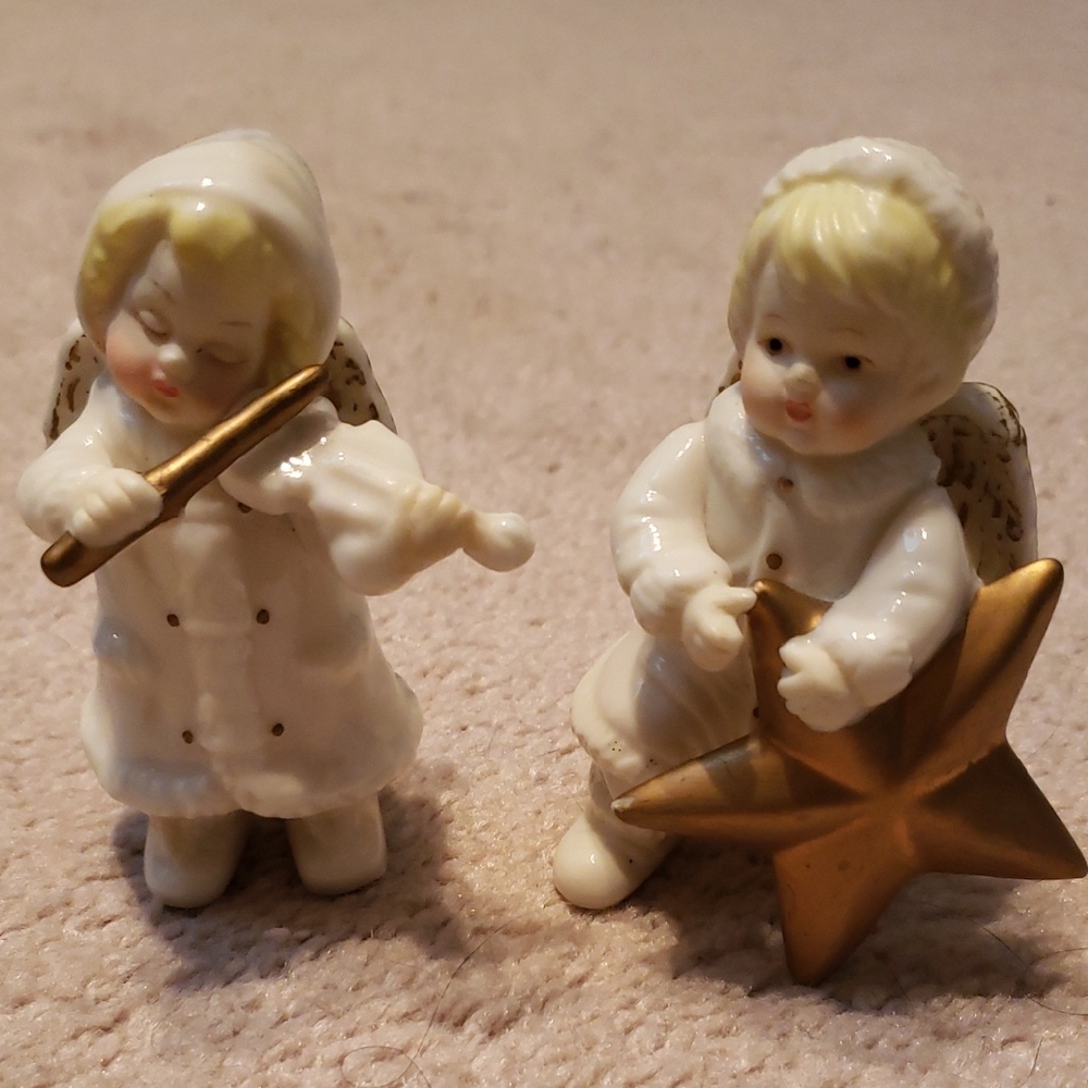 Grandeur Noel Porcelain Snow Angel Figurines with Gold Accents